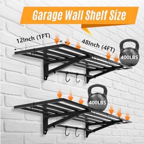 Leekimid 2-Pack 1X4 FT Garage Shelving Wall Mounted Holds Up to 800 Lbs Heavy Duty Wall Shelf, Black Metal Floating Adjustable Wall System Shelves for Garage Storage, Shed