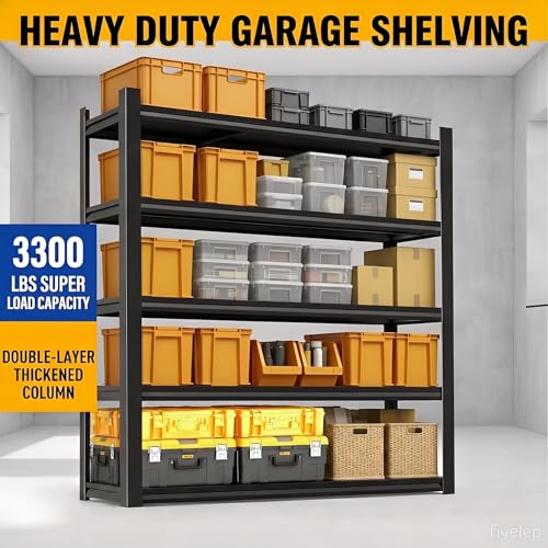 72''H × 40''W Garage Shelving, 5 Tier Heavy Duty Shelving, 2500 lbs Capacity Garage Storage Shelves, Industrial Shelves with Thickened Double-Layer Posts for Garage, Warehouse, Basement,Black