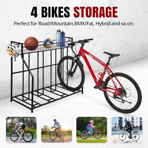 HEALTH LINE PRODUCT 4 Bike Stand, Indoor Bike Storage, Bicycle Rack for Garage - Metal Stability Floor Bicycle Station for Parking Mountain/Road/Hybrid/Fat Tire & Scooters Bike Rack for Garage