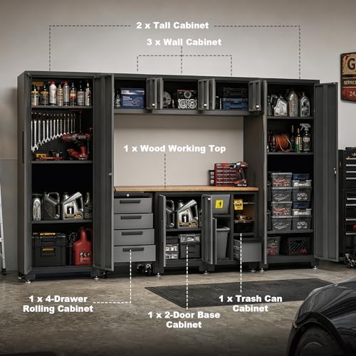 Torin Garage Cabinets Storage System, 9-Pcs Included Steel Cabinets Drawers Rolling Chest and Trash Can Cabinet, Locked Storage Cabinet, Perfect for Organizing Garage and Tools