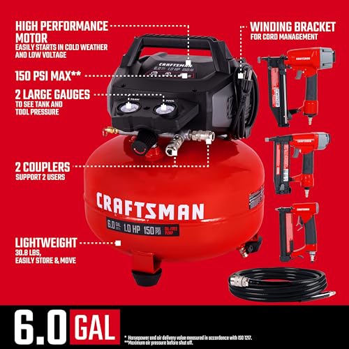Craftsman 6-Gallon Pancake Air Compressor 4-Tool Combo Kit, 150 PSI, Oil-Free, Includes 16GA Finish Nailer, 18GA Brad Nailer, 23GA Pin Nailer & 25-Ft Air Hose, Model CMXECXA0210641K