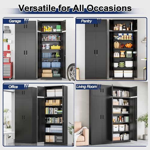 BESFUR Metal Storage Cabinet 87" H,Tall Locking Storage Cabinets with Top Cabinet and 4 Adjustable Shelves for Home Office, Garage,School, Apartment, Warehouse, Utility Room，Black