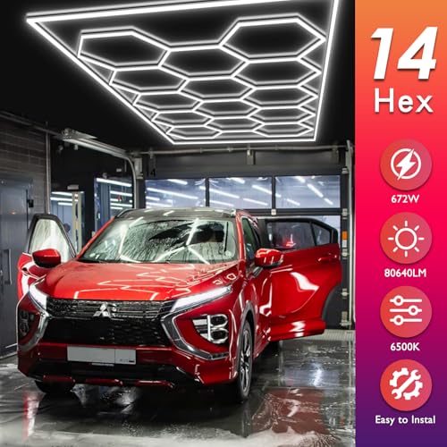 BRILLIHOOD Hexagon Garage Lights Honeycomb LED Hex Light, 672W, 80640LM, 6500K Super Bright, 14 Grid Systems Car Detailing Lights with Rectangular Frame for Garage Warehouse Workshop Basement Gym