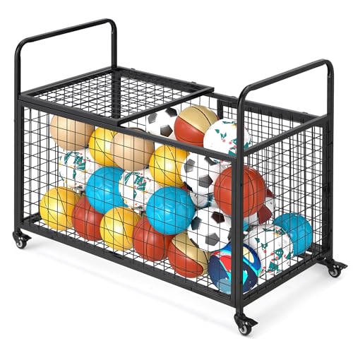 AECOJOY Ball Cart Storage, Extra Large Rolling Basketball Bin with Wheels for Garage, School, Gym, Sports Equipment and Toy Organizer, Indoor & Outdoor