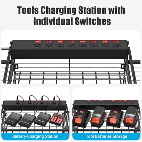 CCCEI Black Power Tool Organizer Wall Mount, Large Tools and Battery Storage Rack Charging Station Individual Switches. Drills Holder, Garage Utility Shelves with 10FT Power Strip. Gift for Men.