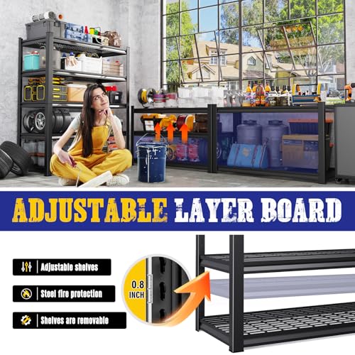 AOAORGG 71" H Garage Shelving 5-Tier Heavy Duty Storage Shelves, Tool-Free Adjustable Metal Shelf Unit, Utility Organizer Rack for Basement, Pantry, Kitchen, Warehouse, 15.7" Dx35.4 Wx71 H, Black