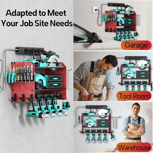 CFMASTER 3 Layer Heavy Duty Power Tool Organizer Wall Mount with Charging Station, Adjustable Metal Storage Rack, 6 Outlets Power Strip, Drill Holders, Hooks & Drill Bit Rack for Garage, Workshop, Red