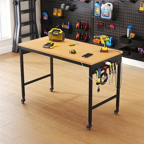 48" Work Bench Adjustable Height Workbench with Power Outlet & Pegboard Heavy Duty Table 2200 LBS Load Capacity Rolling Work Benches for Garage,Workshop,Office,Home