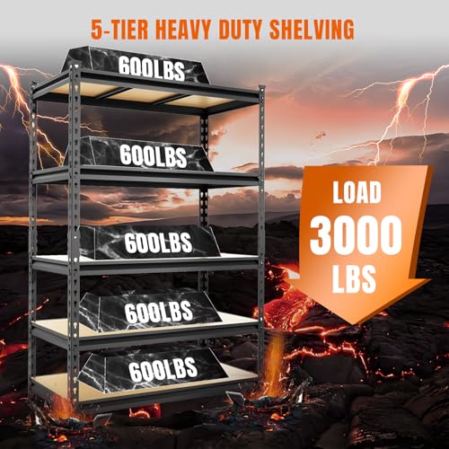 Big RED Storage Shelving Unit, 5-Tier Adjustable, Heavy Duty Metal Garage Shelves/Utility Rack for Kitchen, Pantry, Basement, Bathroom, Laundry - 3,000lb Capacity, Black, 72" H x 48" W x 24" D