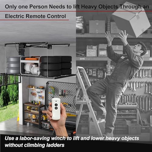 Star20XX Motorized Overhead Garage Storage Rack, Garage Ceiling Storage Rack, 4x8 Ft, 450 Lb Capacity, Remote Control, All Steel Ceiling Shelf for 10 to 12 Ft High Ceilings