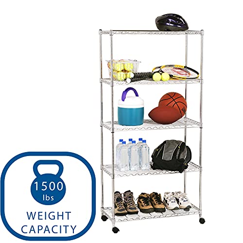 Seville Classics 5-Tier Steel Wire Shelving with Wheels, 30" W x 14" D x 60" H, Plated Steel