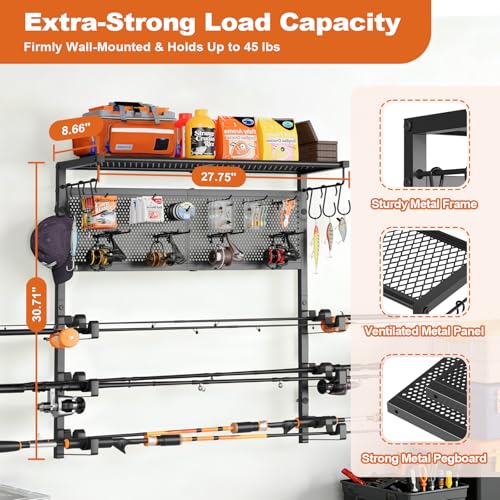 Olakee Wall Mount Fishing Rod Holders, Large Capacity Fishing Pole Holders for Garage Organizer, Horizontal Fishing Pole Rack Holds Up to 6 Rods with Pegboard & Hooks, Ideal Gift for Men Dad Anglers