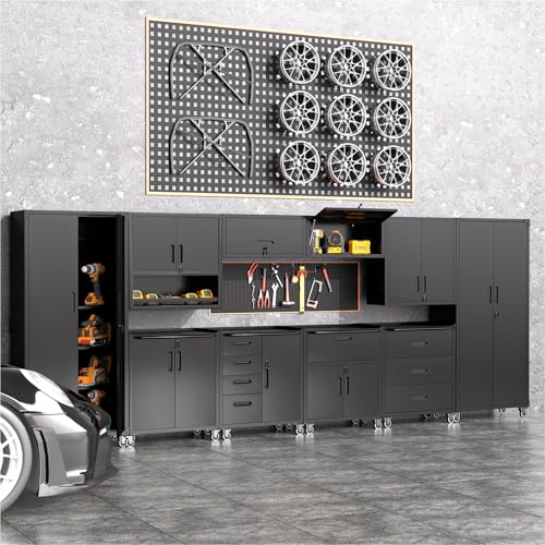 FLIXELIO Garage Storage Cabinets System 10PCS Workshop Set with Drawers Locking Heavy Duty Rolling Cart with Adjustable Shelves Garage Tool Workbench Cabinets, Black