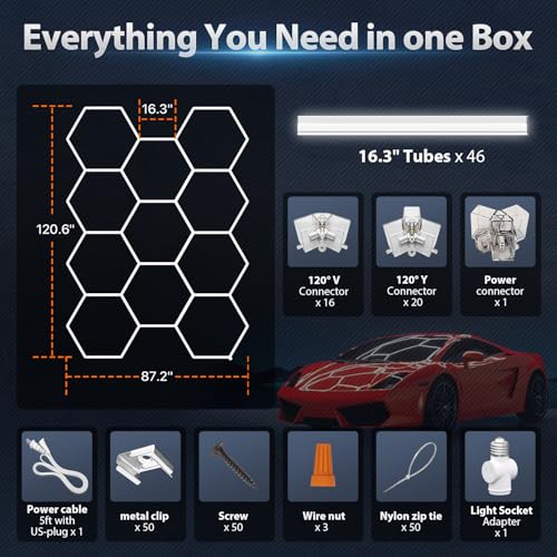 Litezone Hexagon Garage Lights: 322W 11 Grids Hexagon LED Lights - Easy Install 6500K Super Bright Honeycomb Lights Ceiling for Garage, Warehouse, Car Detailing Shop, Exhibition Hall, Gym
