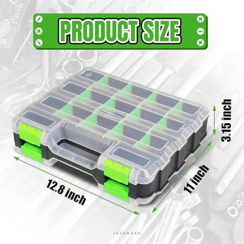 Jack Boss Tool Box with Transparent Lid, Double Side 34-Compartments Organizer Box with Removable Dividers for Hardware, Screws, Bolts, Nails, Beads, Jewelry and Fishing Accessories, Green, 2 Pack