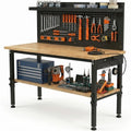 60'' Adjustable Workbench with Storage Shelf & Pegboard – Max Load 2000 LBS, Heavy Duty Rubber Wood Tabletop Tool Bench with AC/USB Outlet, Garage Organization, Work Benches for Workshop, Office
