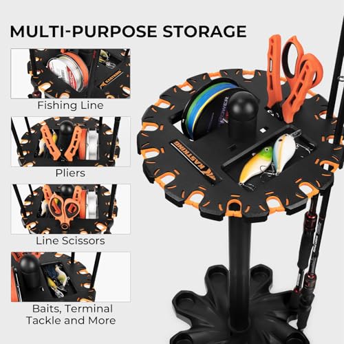 KastKing V16 Rotating Fishing Rod Holder for Garage, Floor Rack Holds Up to 16 Rods & Combos, Space-Saving Pole Organizer with Foam, Durable ABS, Fishing Gear Storage Gift for Men