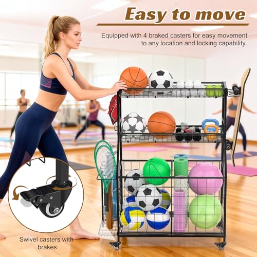 Soixehet Sports Equipment Garage Organizer,Garage Ball Storage for Sports Gear and Toys, Rolling Ball Cart with Wheels for Indoor/Outdoor Use Black