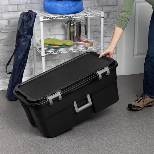 Sterilite 3 Pack Wheeled Footlocker, 22 Gallon Plastic Storage Container with Latching Lid and Handles, Black - Large Stackable Bin Home Organizer