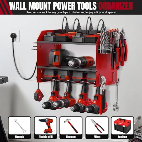 SecureElastic Modular Power Tool Organizer Wall Mount with Charging Station, 3-Layer Heavy Duty Drill Holder Rack & 8-Outlet Power Strip for Garage Workshop Storage