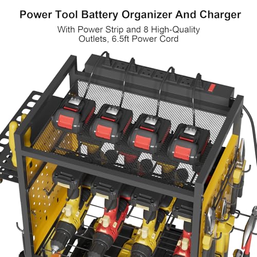 Power Tool Organizer Cart with Charging Station, Heavy Duty Garage Tool Organizer Rolling Tool Battery Storage with 8-Outlet Power Strip, 4 Wheels, 2 Hanging Baskets, 8 Hooks, Drill Bit Holder, Yellow