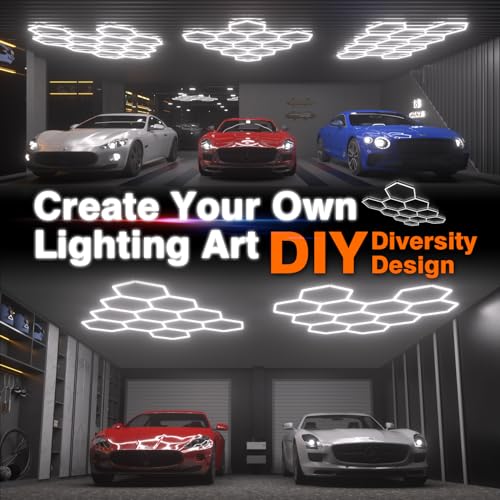 Litezone Hexagon Garage Lights : 3 Level Dimmable 322W Tube 11 Grids Hexagon LED Lights - Easy Install 6500K Super Bright Hex Lights for Garage, Home Gym, Shop, Workshop, Basement, Studio