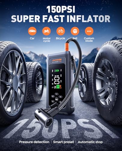 JOLTEKON Car Battery Jump Starter with Air Compressor 4500A 150PSI, Car Jumper Starter Portable (9L Gas/8L Diesel), Jump Box Car Battery with Auto-Shutoff Tire Inflator, Jumper Cables and Light