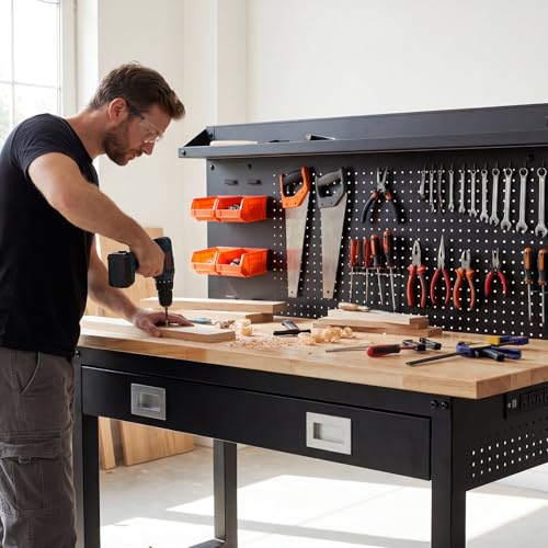48" Adjustable Work Bench with Drawers, Workbench for Garage with Strip Light, Work Table with Large Pegboard, 2000 LBS Heavy Duty Table with Power Outlet Rubber Wood for Office, Workshop