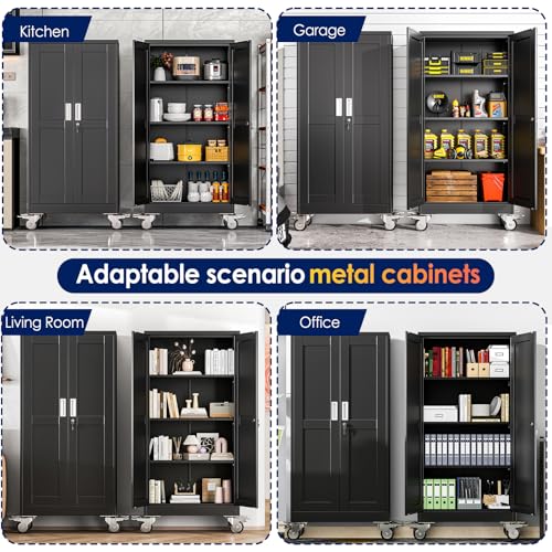 erosoei 61" H Metal Garage Storage Cabinet, Rolling Tool Cabinet with 2 Doors and Wheels, Locker Steel Cabinet with 3 Adjustable Shelves, Organization Cabinet for Garage,Office,Home,Gym,School（Black）