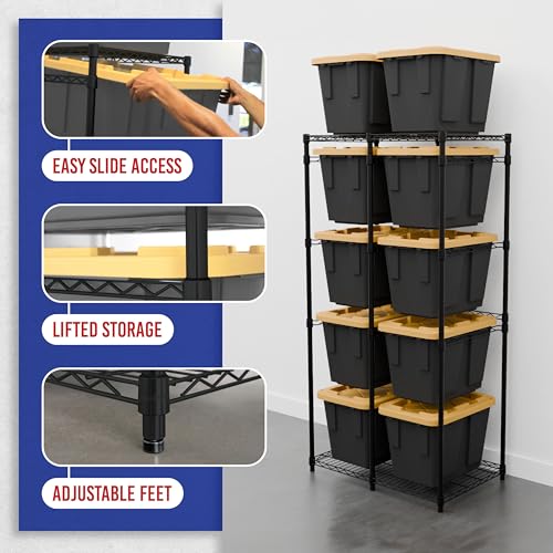 SafeRacks Bin Storage Rack for 12 Gallon Storage Totes – Includes 10 Bins - Garage or Holiday Decoration Organization, NSF Certified, Heavy Duty Steel 21.5"x34.25"x68" (Black)