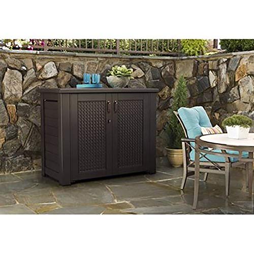 Rubbermaid Decorative Outdoor Storage Cabinet (123 Gal), Weather Resistant, Brown, Organization for Home/Backyard/Pool Chemicals/Toys/Garden Tools/Porch/Patio Cushions