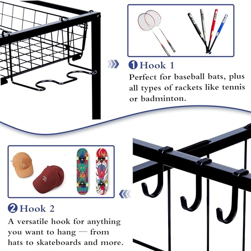 Sports Equipment Organizer, Ball Storage Rack with Elastic Straps and Removable Basket for Garage Organization, Garage Organizer with Hooks for Toy Sports Gear Storage, Sports Ball Storage Cart, Black