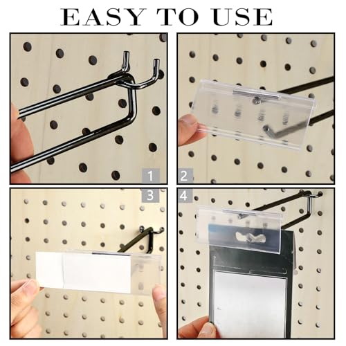 Tandefio 50 Pack 4 Inch Black Metal Peg Board Hooks with Clear Plastic Label Holder Stainless Steel Display Pegboard Hooks for 1/8'' to 1/4'' Pegboard Wall for Garage Storage Retail Shop Supplies