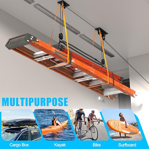KOSEOO Ceiling Ladder Hoist, Heavy Duty Pulley System for Garage Storage, Ladder Hanger Hold Up to 150 lbs Capacity for Kayak, Cargo Box, Canoe, Bike Lift, Fit 10-18 Foot Ceilings, Black