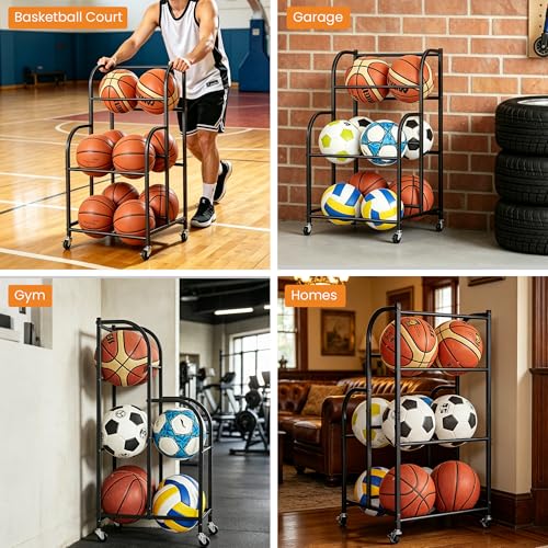 ShelfElites Basketball Rack with Wheels - Space-Saving Vertical Ball Storage for Basketball, Football, Soccer, Rolling Ball Rack for Garage & Outdoor, Heavy-Duty Ball Holder Organizer