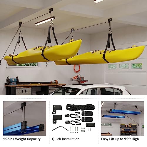 RAD Sportz Kayak Storage Hoists 2-Pack - Overhead Pulley Hoist Systems with 125lb Capacity Each for Canoes, Bikes, Ladders, and More