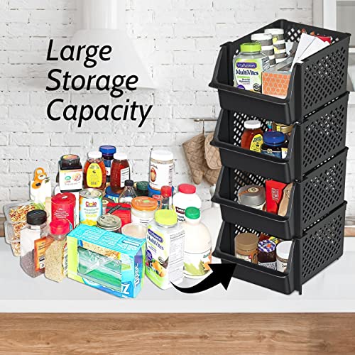 TidyFriend 4 Pack Stackable Storage Bins Open Front for Pantry Organizers and Storage, Pantry Storage for Food, Kitchen and Home Organization, Plastic Storage Bins, Dorm Room Essentials (Black)