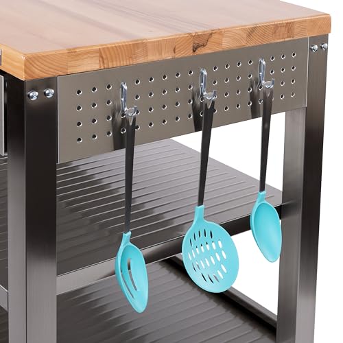 Seville Classics Commercial Work Table Island Utility Cart Prep Station, for Restaurant, Kitchen, Warehouse, Garage, Hotel, Home, Stainless-Steel, Solid Wood Top, 48" W x 24" D
