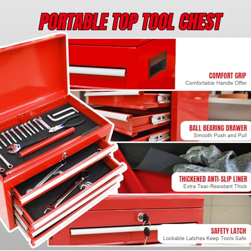 Torin 5-Drawer Rolling Tool Chest: Metal Tool Box with Wheels, Removable Top Tool Box, Liner, Adjustable Shelf and Locking Mechanism for Garage Workshop,Red