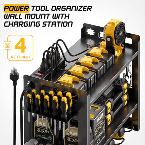 TOPRINCE Power Tool Organizer Wall Mount with Charging Station, 3-Tier Heavy Duty Metal Tool Rack with 4 Drill Holders and 6FT Power Strip, Garage Workshop Storage.Black