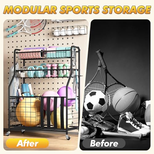 APEXCHASER Heavy Duty Sports Equipment Organizer, Garage Ball Storage Rack with Baskets & Hooks, Ball Organizer for Garage, Rolling Storage Cart for Basketball, Soccer Balls, Toys & Outdoor Gear