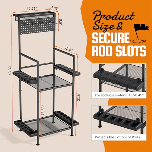 YQSLYSF Fishing Rod Holders for Garage with Pegboard & Metal Mesh Basket, Fishing Rod Storage Rack, Vertical Fishing Pole Holder for Up to 12 Poles, Tackle Gear Organizer