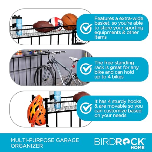 BIRDROCK HOME Bike Rack Garage Storage Floor Stand - Freestanding Organizer for Outdoor Yard - Upright Wall Mount for Scooters, Rakes, Motorcycles, Hoverboards, Gloves - Holds 4 Bicycle - Black