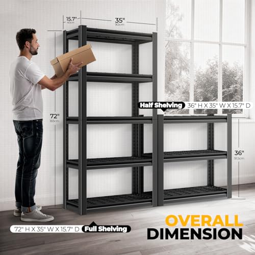 Auto Dynasty 5-Tier Storage Shelves, 72" H Heavy Duty(3000LBS Capacity) Adjustable Garage Shelving, Metal Storage Utility Rack Shelf Unit for Pantry Kitchen Warehouse, 72" H x 35" W x 16" D, Black