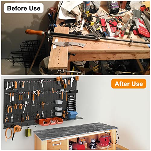TORACK Metal Pegboard Wall Organizer System for Garage, 109 PCS Pegboard Accessories Tool Organizer Kit with Pegboard Bins, Hooks, Tool Storage Peg Board for Workbench(Black)