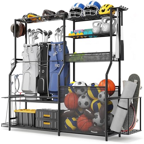 Homiesetify Garage Sports Equipment Organizer, 3 Golf Bag Organizer Stand Heavy-Duty Ball Storage Rack with Basket and Hooks, Ball Storage Cart for Toy Sports Gear Storage, Black (Extra Large)