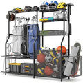 Homiesetify Garage Sports Equipment Organizer, 3 Golf Bag Organizer Stand Heavy-Duty Ball Storage Rack with Basket and Hooks, Ball Storage Cart for Toy Sports Gear Storage, Black (Extra Large)