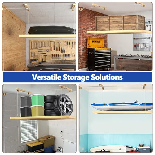 TooTaci Overhead Garage Storage Lift with 3/16 Steel Cable, Heavy Duty Ceiling Mounted Garage Storage Lift System for Organization, 300lbs Weight, Supports 8-16ft Ceilings (Deck and Winch Not Includ)