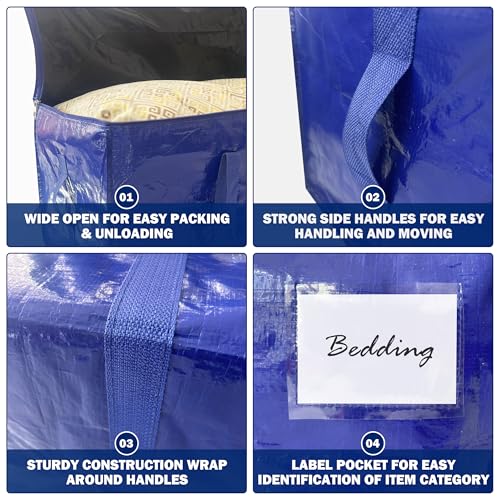 8 Pack Extra Heavy Duty Large Moving Bags with Strong Zipper & Carrying Handles, Sturdy Clothes Storage Bags Totes Bins, Packing Bag Move Boxes College Moving Supplies, Dark Blue - 24 gal