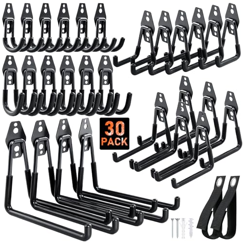 Housolution Steel Garage Hooks - 30Pack Anti-Slip Coating, Heavy Duty Wall Mount Hooks for Bikes, Garden Tools, Ladders, Hose, Bulk Items Ropes, Garage Tool Organizer with Extension Cord Wrap, Black